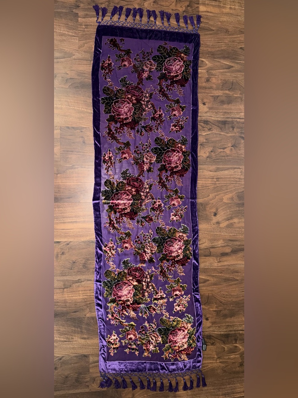 Vintage Western Fashion Purple Silk Velvet Beaded Fringe Shawl Y2K